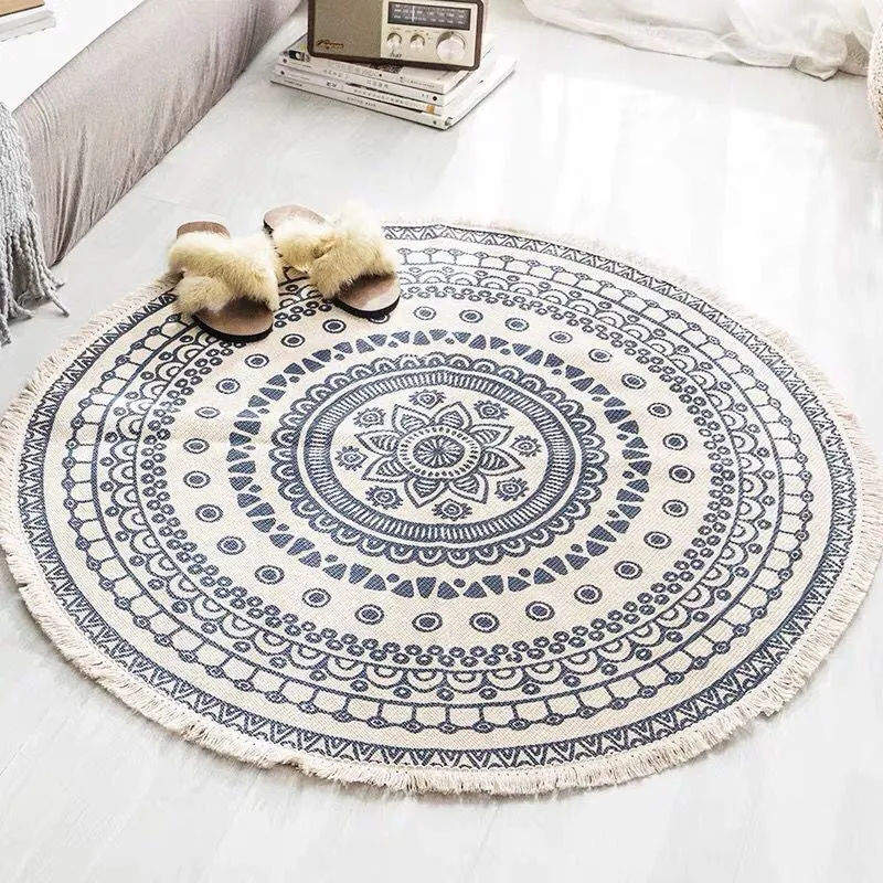 Rundt Boho Tæppe i Bomuld med Geometrisk Mønster
