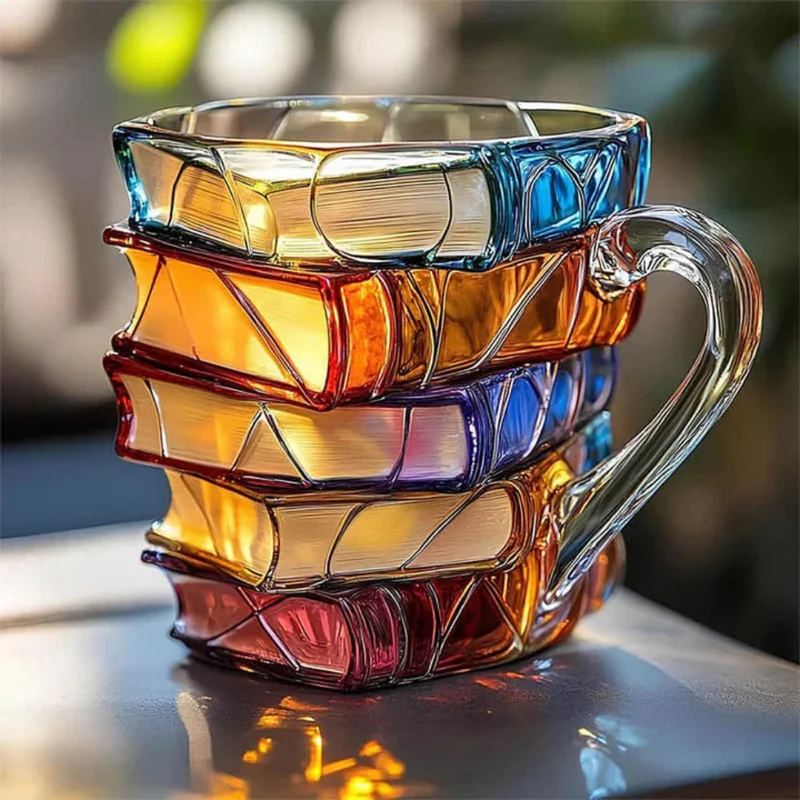 Håndlavet Glaskrus med 3D Bogdesign – Perfekt til Kaffe og Te, 350 ml