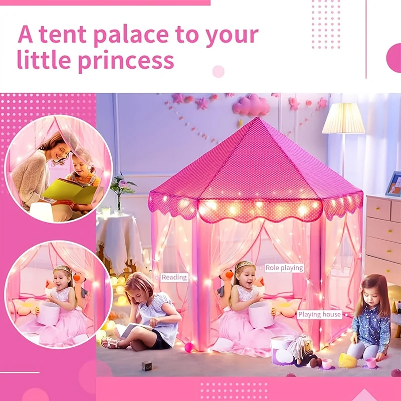 Prinsesse Legetelt med Stjernebelysning – Perfekt til Indendørs og Udendørs Leg