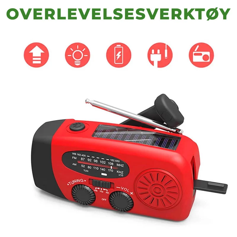 Nødradio med håndsving, solpanel og powerbank