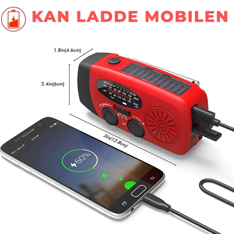 Nødradio med håndsving, solpanel og powerbank