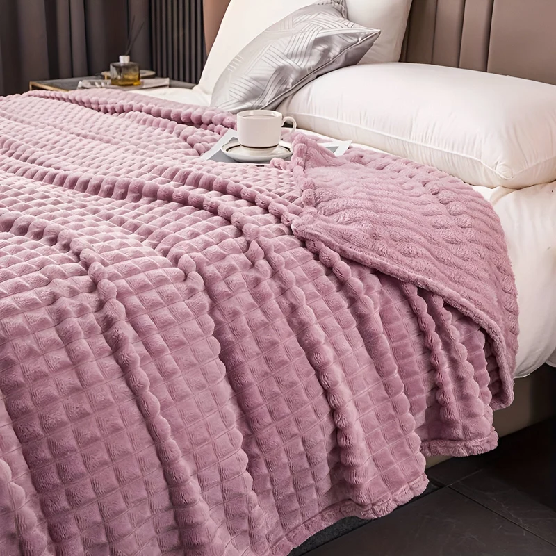 Ultrafluffy koralfarvet fleece-tæppe med struktureret plaid design