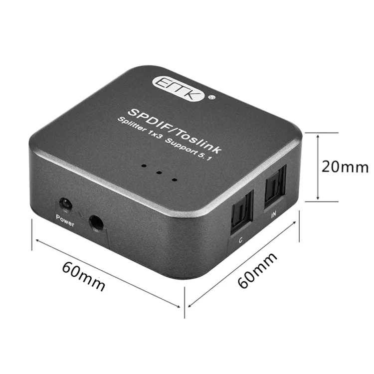 Digital Optisk Audio SPDIF Toslink Splitter Adapter - 1 Indgang 3 Udgange (Sølv Grå)