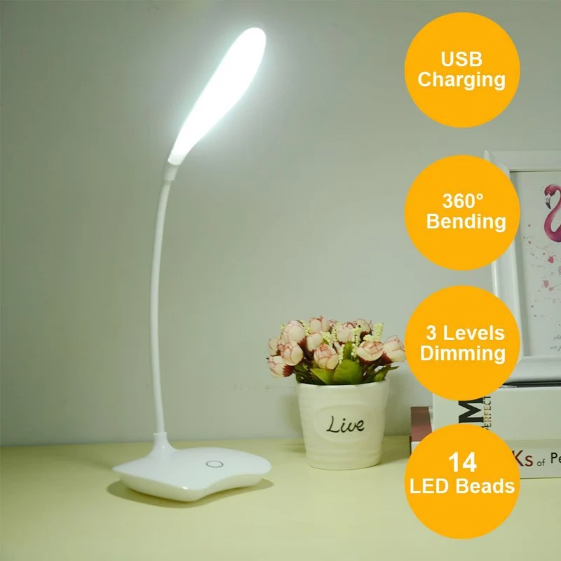 Fleksibel 14 LED Gulvlampe med Berøringstryk, 3 Lysindstillinger, USB Opladelig Læselampe til Soveværelse