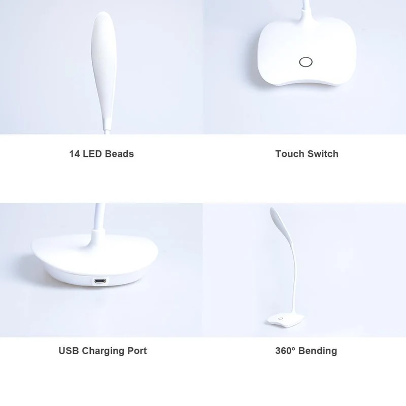 Fleksibel 14 LED Gulvlampe med Berøringstryk, 3 Lysindstillinger, USB Opladelig Læselampe til Soveværelse