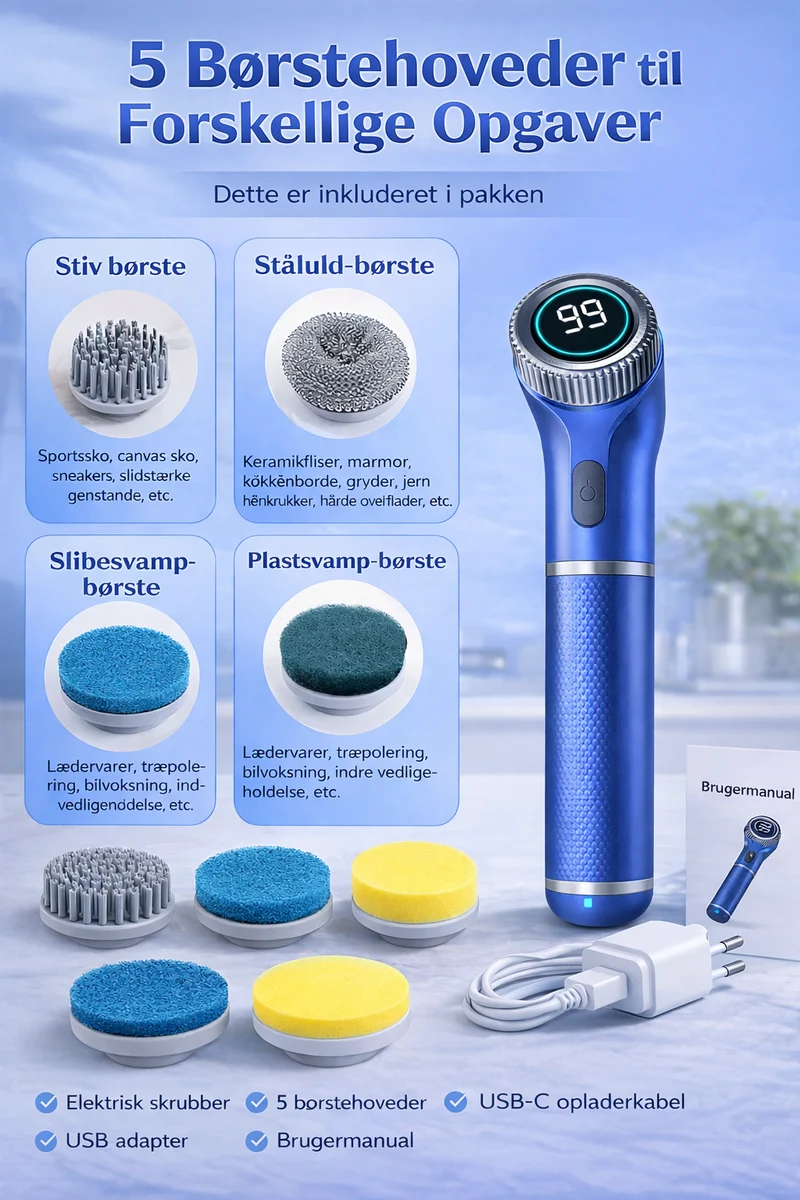 Cleanix™ Pro Elektrisk Rengøringsbørste – Kraftfuld, Trådløs & Vandtæt (IPX7)