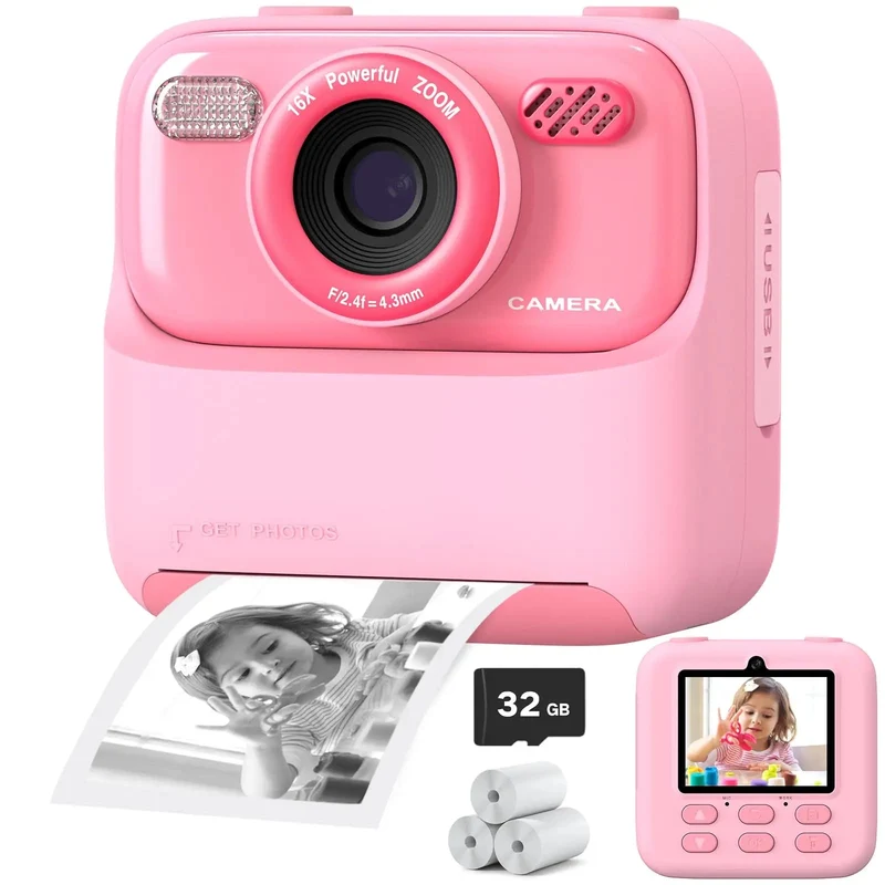 Farverig Sofortkamera til Børn med HD Selfie og 32GB Hukommelse