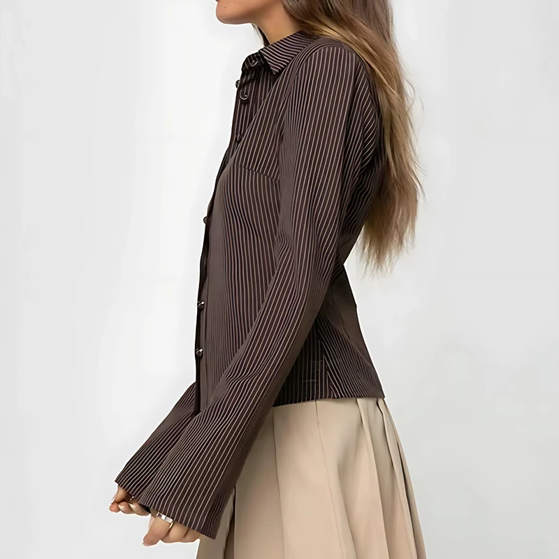 Sofistikeret Bluse med Brune Striber til Kvinder