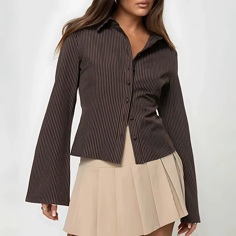 Sofistikeret Bluse med Brune Striber til Kvinder