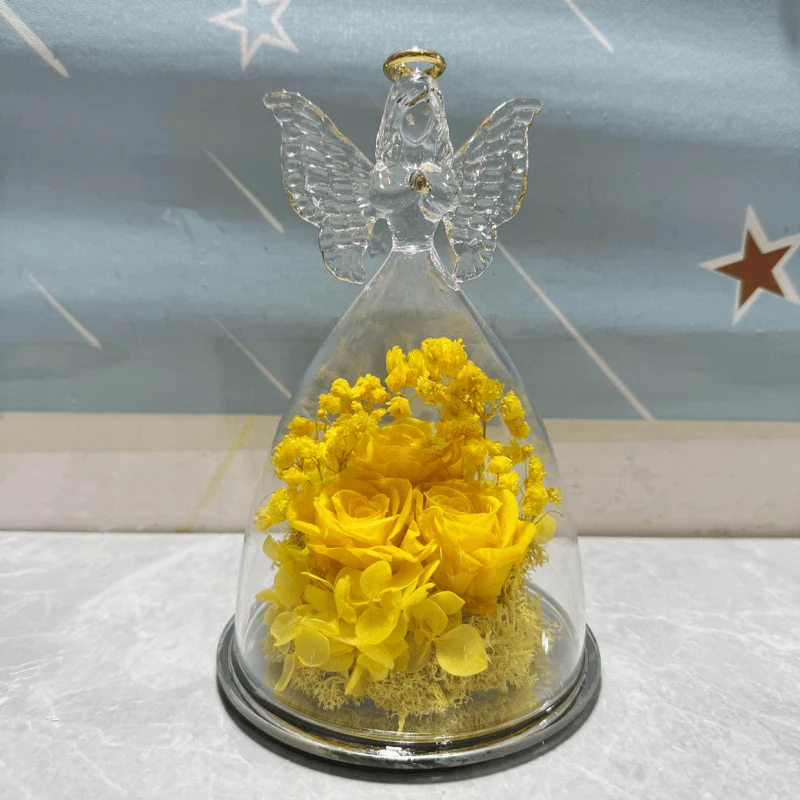 Evighedsrose i Glaskuppel med Engelfigur og LED Lys