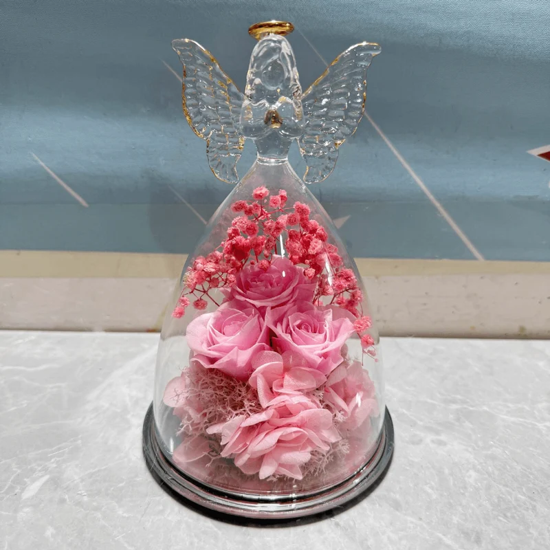 Evighedsrose i Glaskuppel med Engelfigur og LED Lys