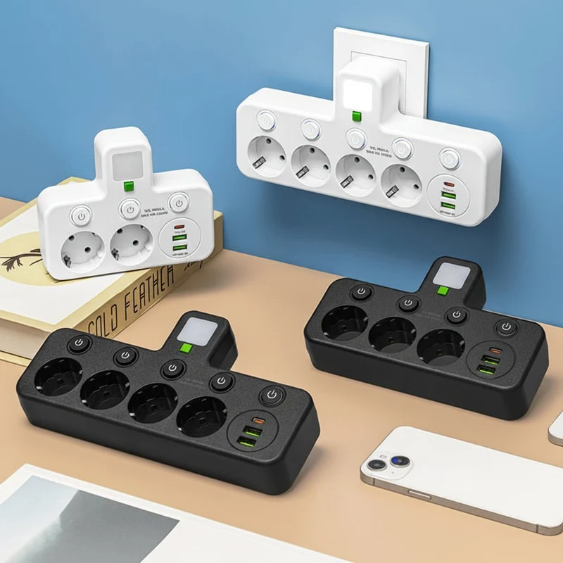 Praktisk Strømfordeler med USB & Natlys - Optimal Opladning