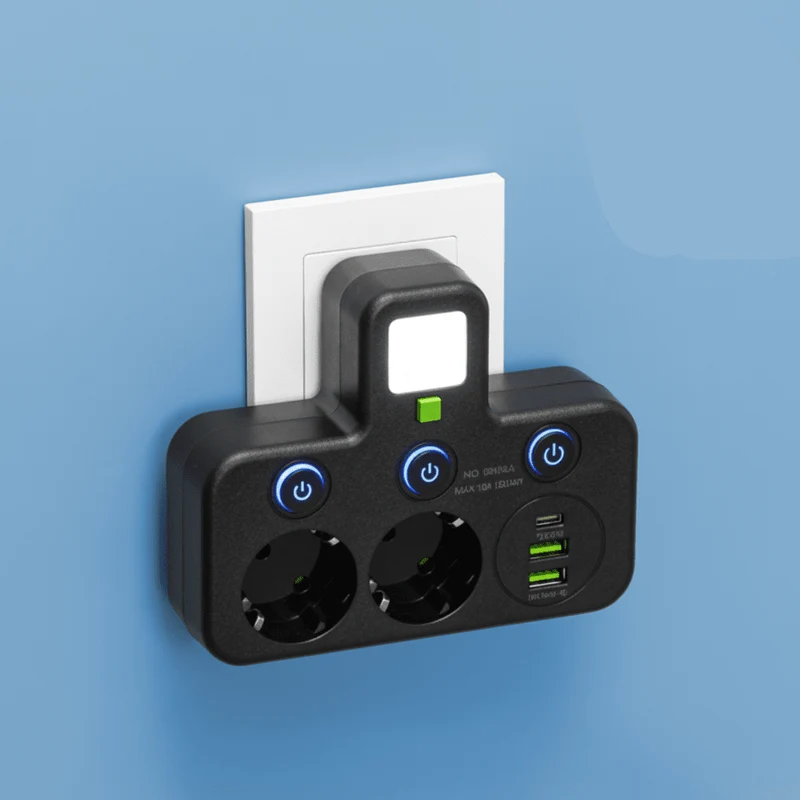 Praktisk Strømfordeler med USB & Natlys - Optimal Opladning