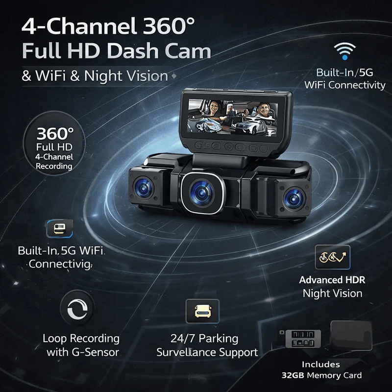 360° Bilkamera med 4 Kanaler og WiFi - Klarhed Dag og Nat