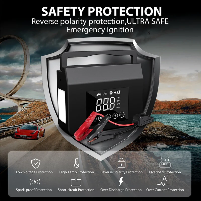 Kompakt Bilbatteri Jumpstarter med Kompressor og LED-lys