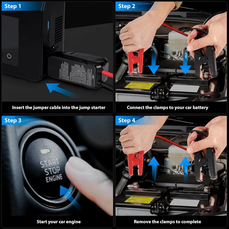 Kompakt Bilbatteri Jumpstarter med Kompressor og LED-lys