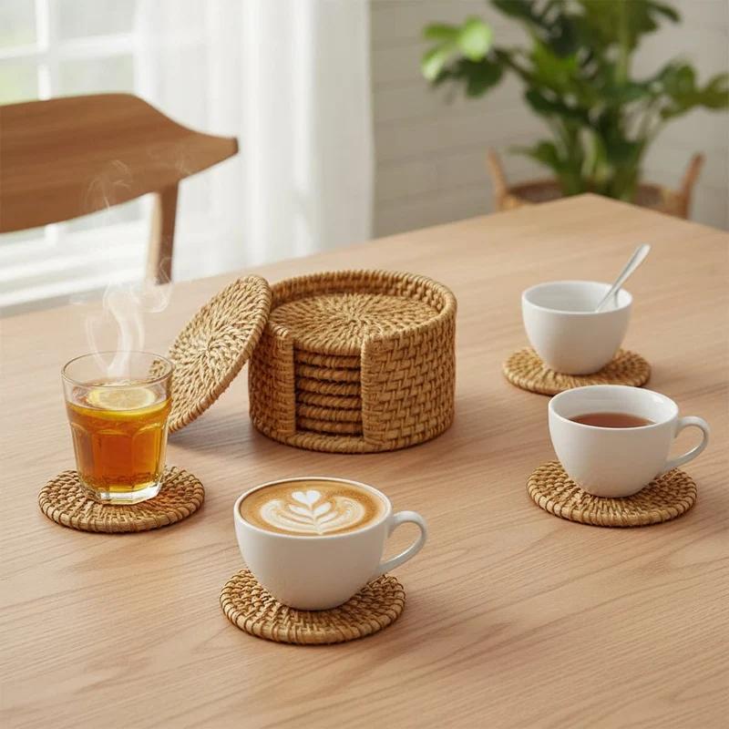 Håndlavet Rattan Bordskåner Sæt – Boheme & Naturlig Stil