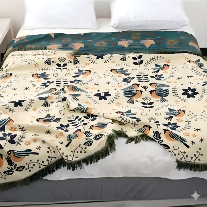 Vendbar plaid med fuglemotiv - Skandinavisk hygge til hjemmet