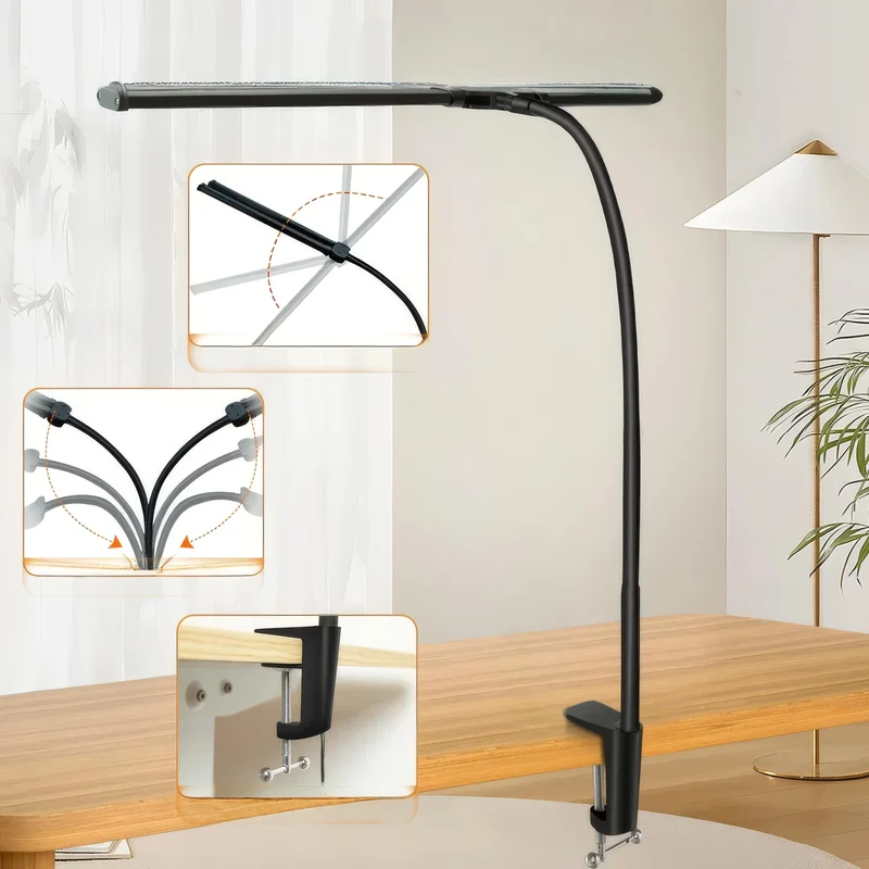 Fleksibel LED-skrivebordslampe med dobbelt hoved og dæmpning