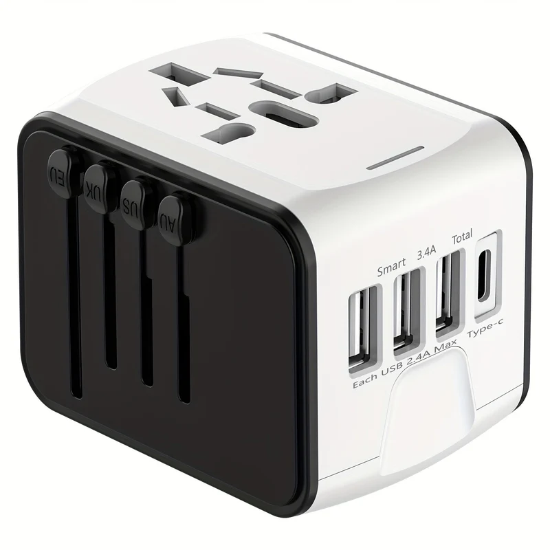 Rejseadapter med 4 USB & Type-C: Hurtig Opladning Globalt