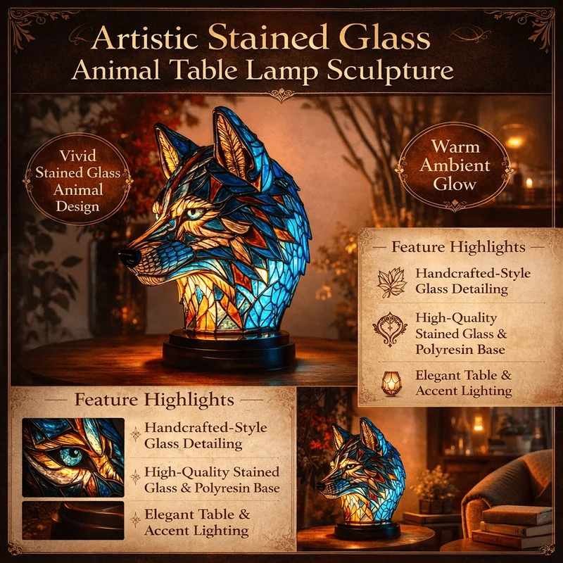 Unik Stained Glass Bordlampe med Dyreskulptur til Stemning