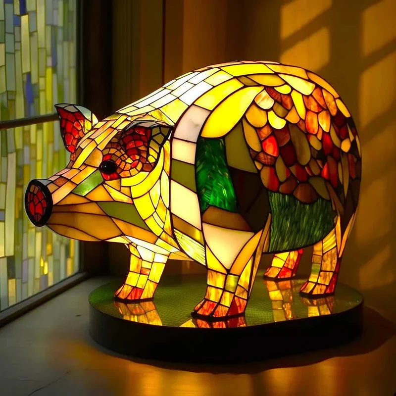 Unik Stained Glass Bordlampe med Dyreskulptur til Stemning