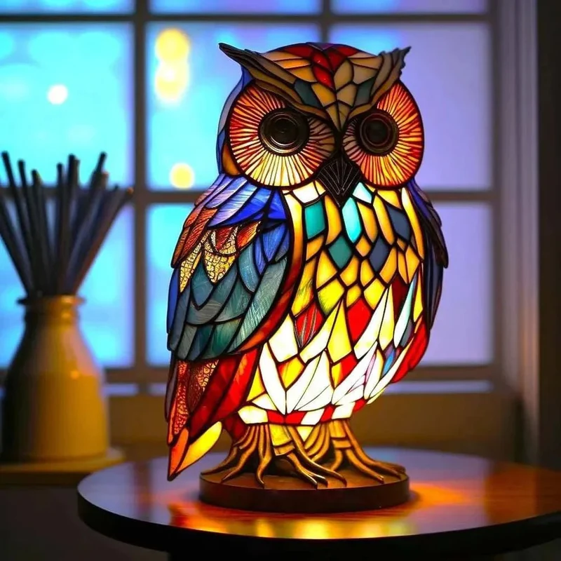 Unik Stained Glass Bordlampe med Dyreskulptur til Stemning