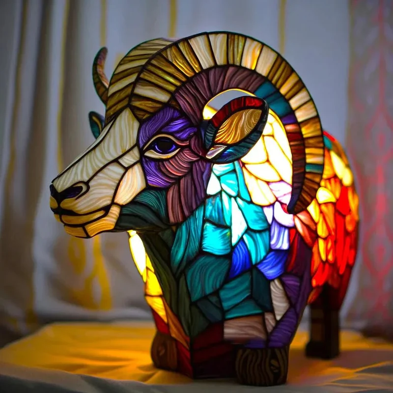 Unik Stained Glass Bordlampe med Dyreskulptur til Stemning