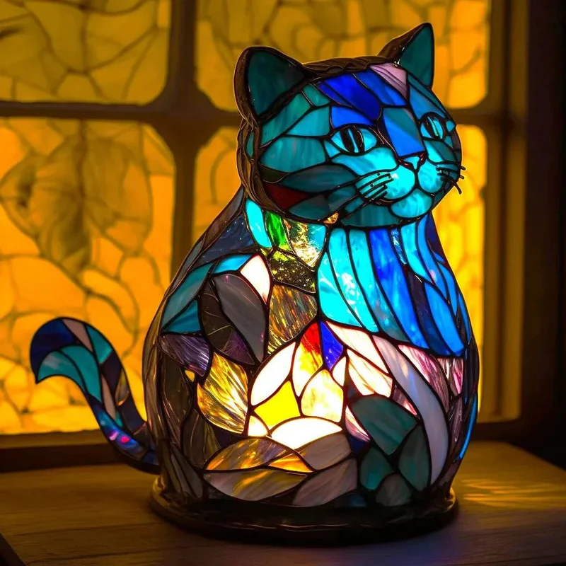 Unik Stained Glass Bordlampe med Dyreskulptur til Stemning