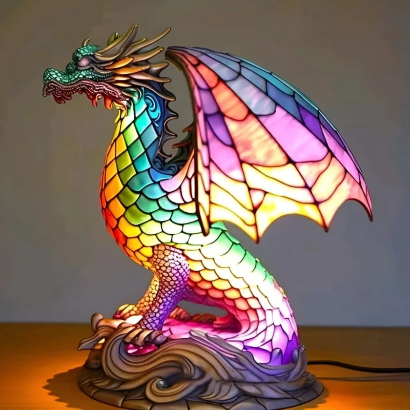 Unik Stained Glass Bordlampe med Dyreskulptur til Stemning