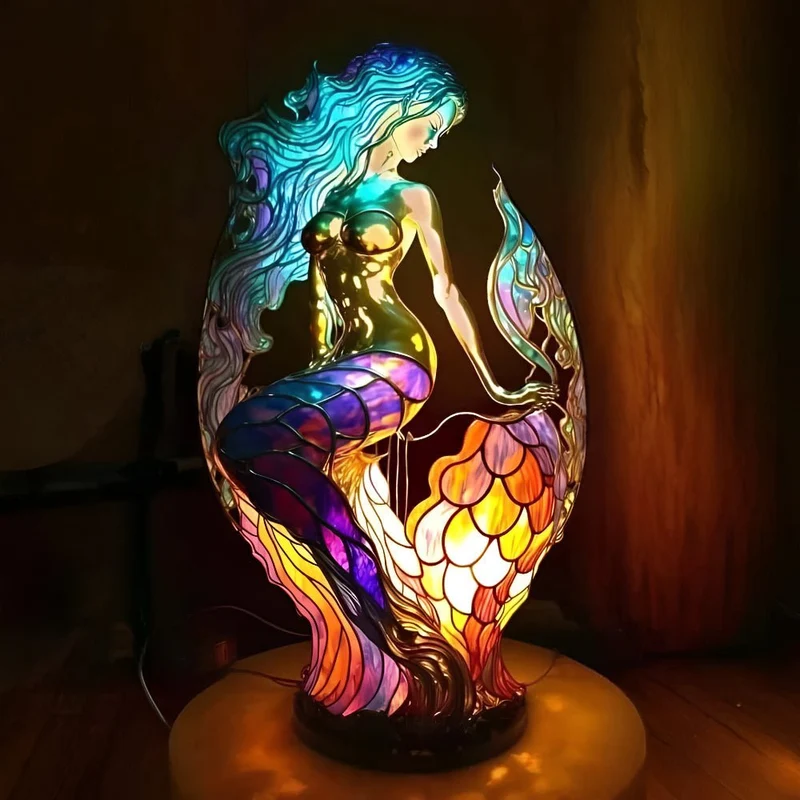 Unik Stained Glass Bordlampe med Dyreskulptur til Stemning