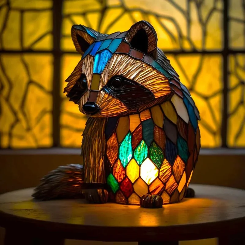 Unik Stained Glass Bordlampe med Dyreskulptur til Stemning