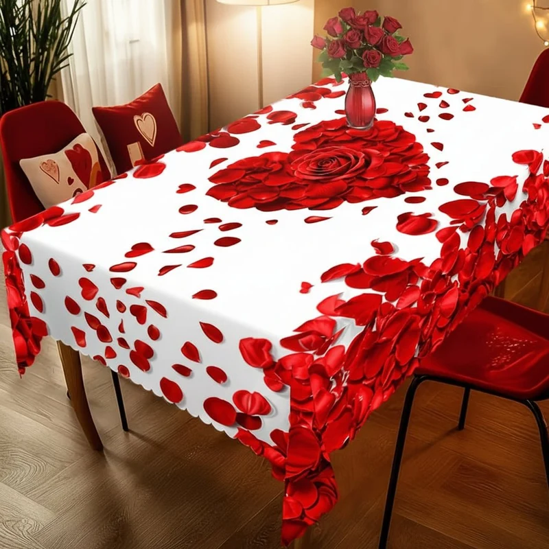 Festligt Rødt Dugdesign med Roser – Perfekt til Valentinsdag