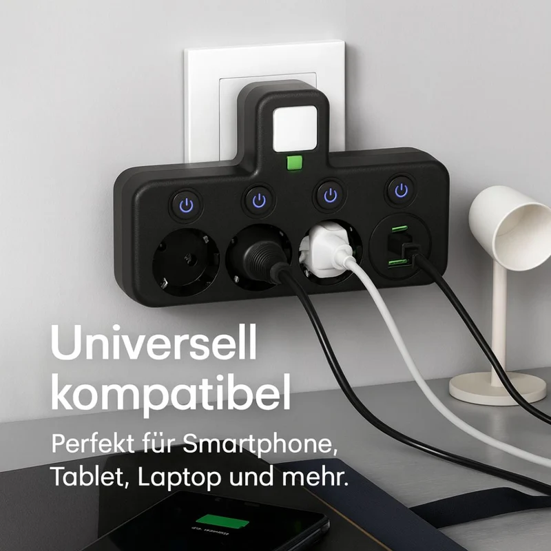 Kompakt Multistikdåse med USB & Type-C – Høj Sikkerhed