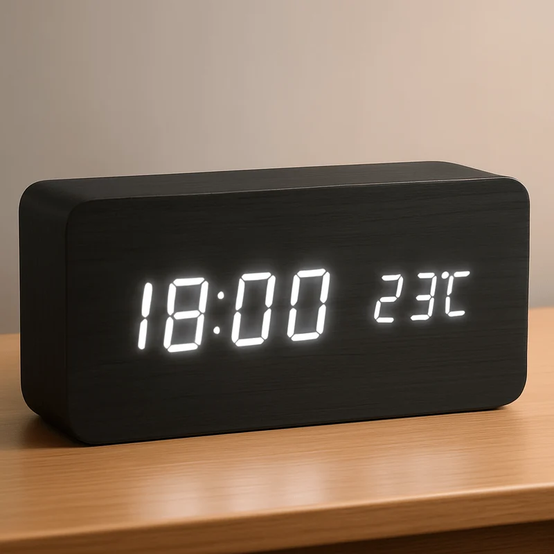 Træ Digital Vækkeur med Justerbar LED Skærm – Stilfuldt Design