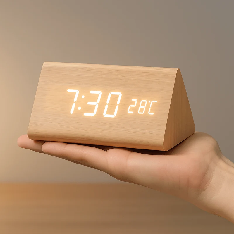 Træ Digital Vækkeur med Justerbar LED Skærm – Stilfuldt Design