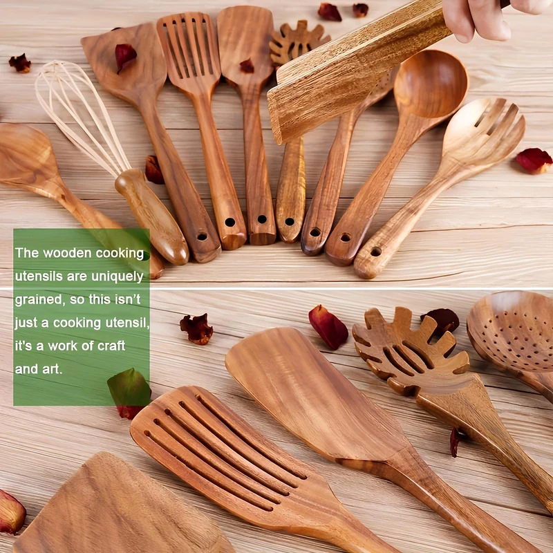 10-dele Teak Køkkenredskabssæt med Holder – Naturlig Elegance