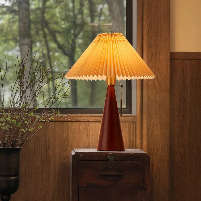 Japansk Bordlampe med Plisseret Skærm i Træ og Stofdesign
