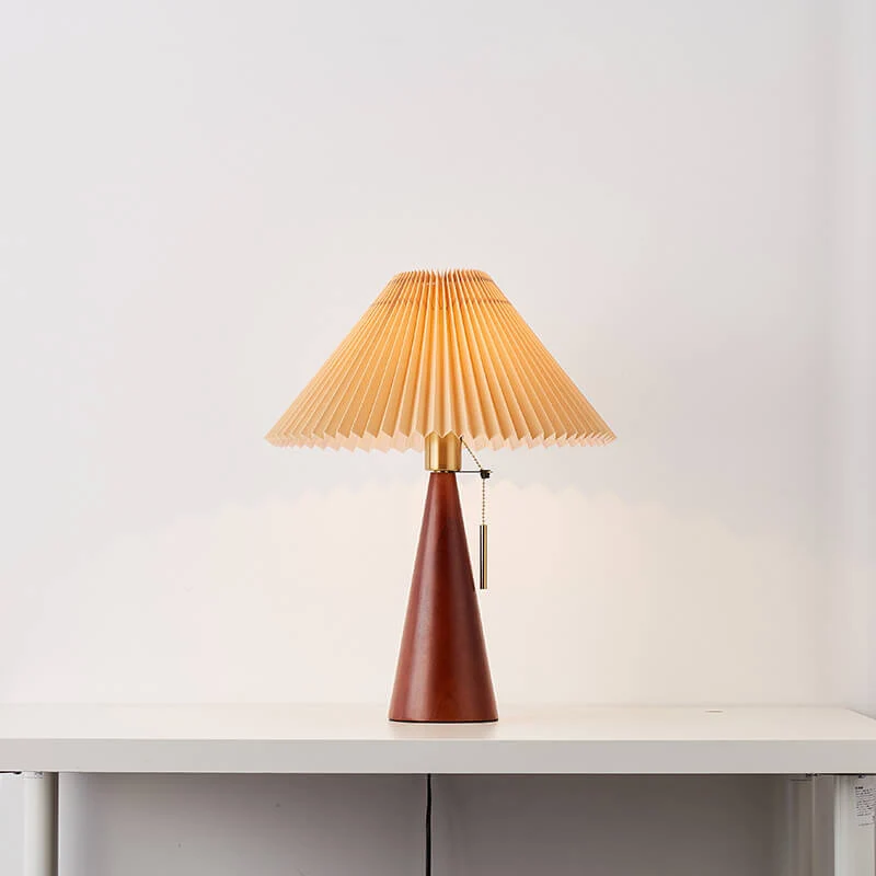 Japansk Bordlampe med Plisseret Skærm i Træ og Stofdesign