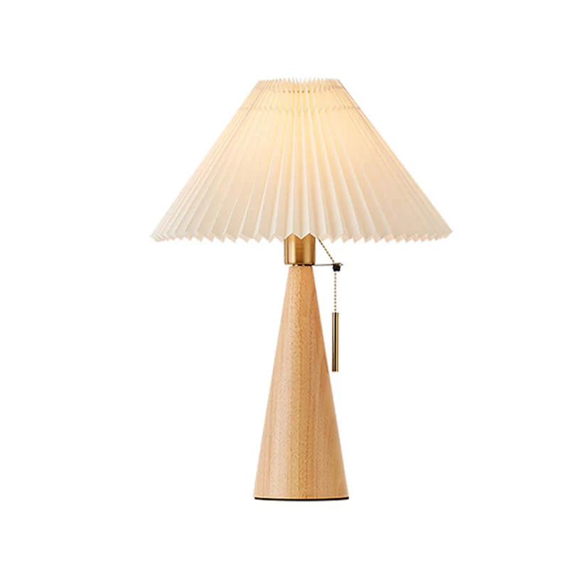 Japansk Bordlampe med Plisseret Skærm i Træ og Stofdesign