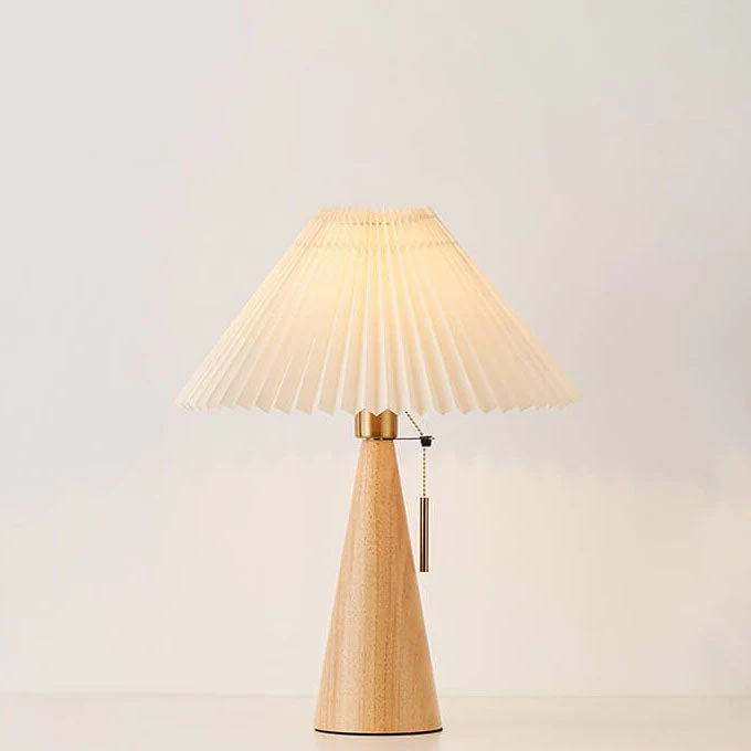 Japansk Bordlampe med Plisseret Skærm i Træ og Stofdesign