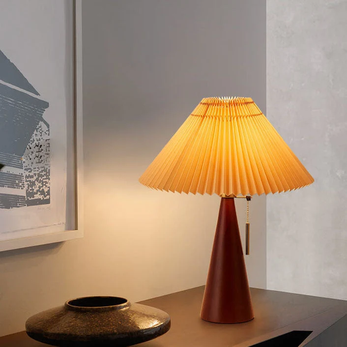 Japansk Bordlampe med Plisseret Skærm i Træ og Stofdesign