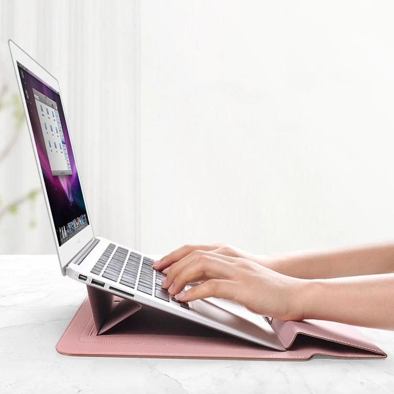 Laptop Sleeve med Foldbar Stand og PU Læder - Slank og Praktisk
