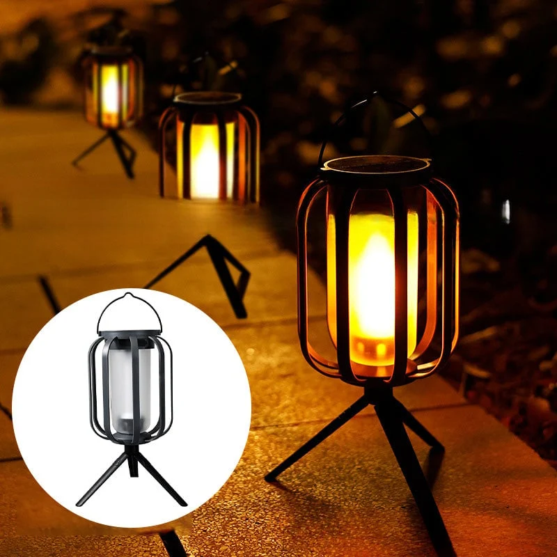 Solcelle- og USB-opladelig LED-lanterne med flammeeffekt