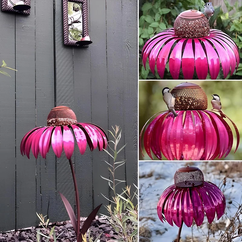 Dekorativ fuglefoderstation i metal med blomsterdesign