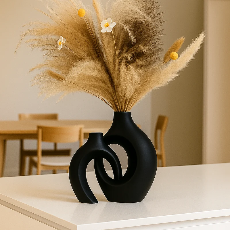 Stilfuldt Keramisk Vasesæt med Skulpturel Minimalistisk Elegance