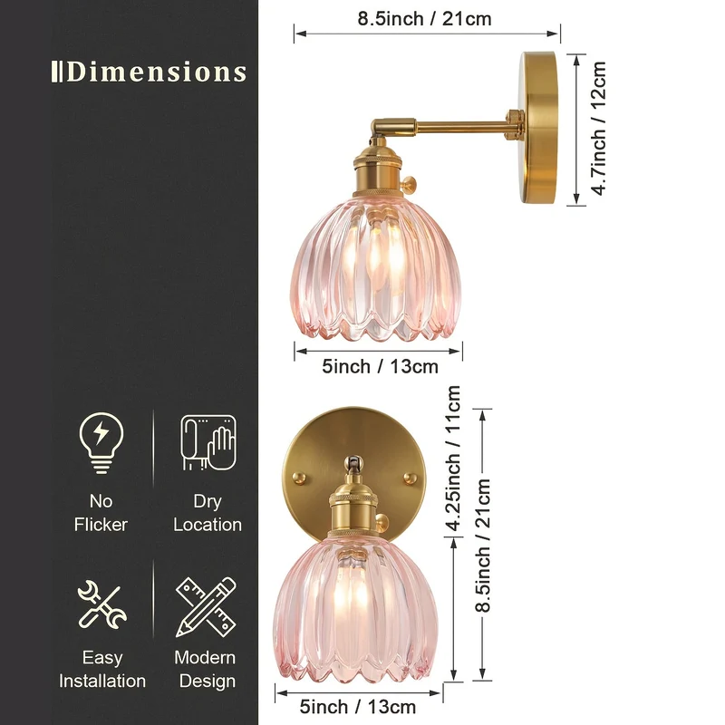 Elegant Væglampe i Glas med Lyserød Skærm og Guld Finish