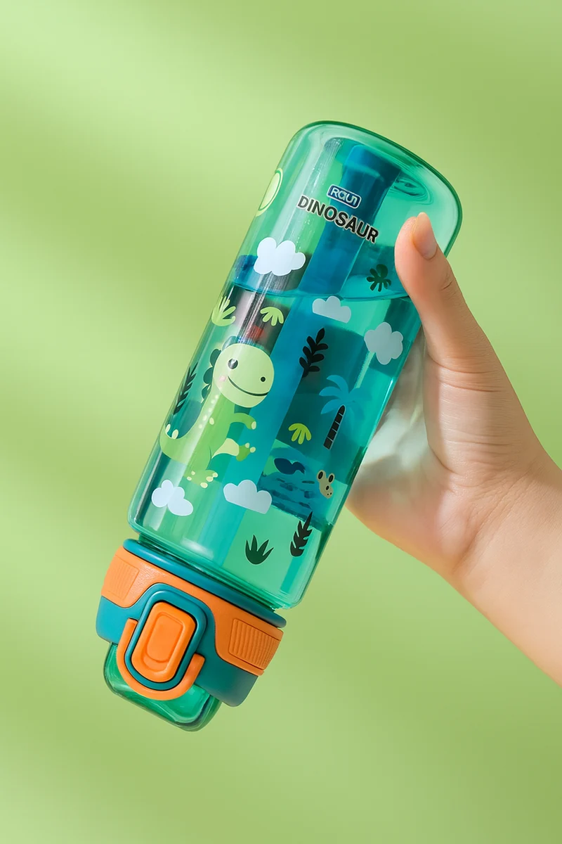 Dinosaur Flaske til Børn - 600ml med Sugerør og Tæt Låg
