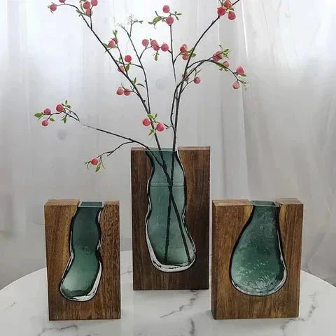 Minimalistisk Vase i Træ og Glas | Naturlig Elegance