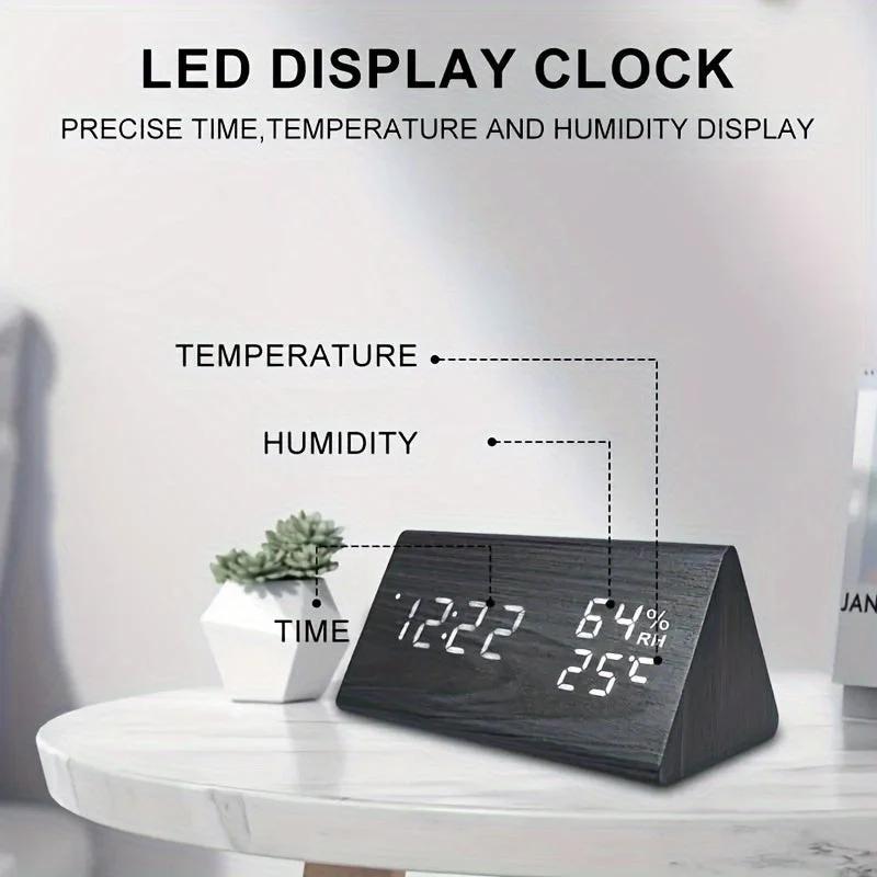Elegant LED Træ Vækkeur med Temperatur & Fugtighedsmåler